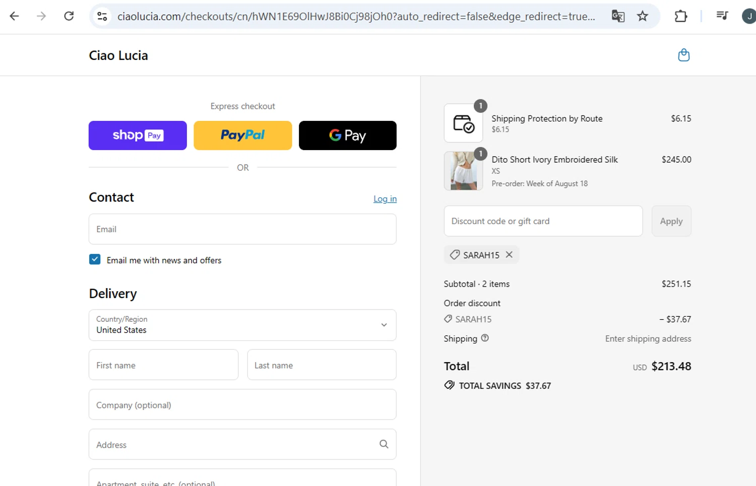 Ciao Lucia discount code screenshot showing code SARAH15 applied at Ciao Lucia checkout page. Uploaded by SimplyCodes community member BB9542251456527 on Jul 30, 2025