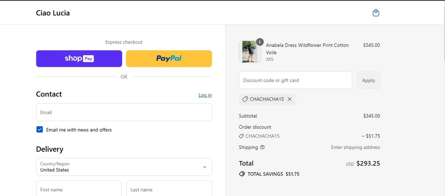 Ciao Lucia discount code screenshot showing code CHACHACHA15 applied at Ciao Lucia checkout page. Uploaded by SimplyCodes community member angelfigueroa2008 on Aug 18, 2025