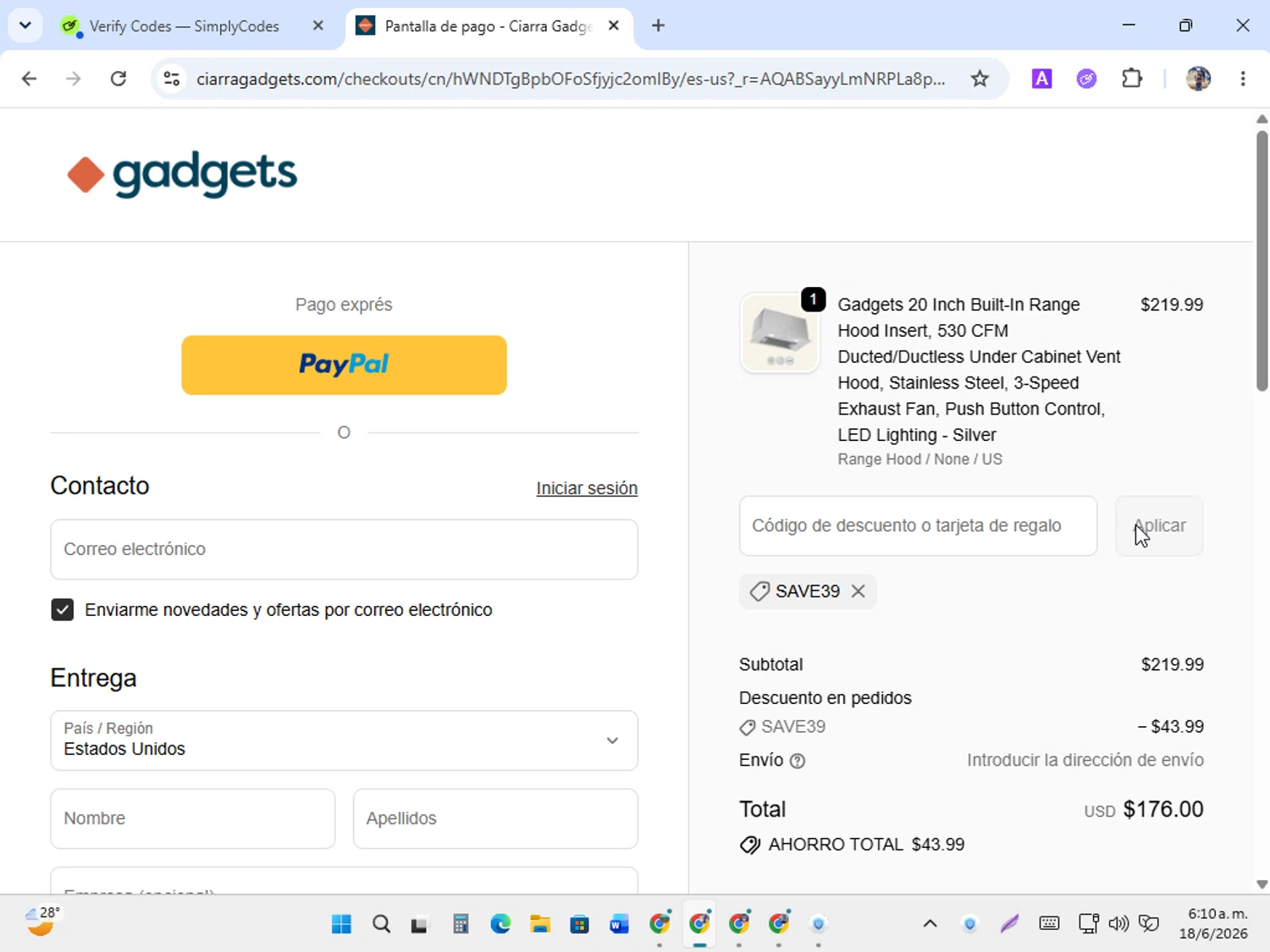 Ciarra Gadgets promo code screenshot showing code SAVE39 applied at Ciarra Gadgets checkout page. Uploaded by SimplyCodes community member karolg on Jun 18, 2026