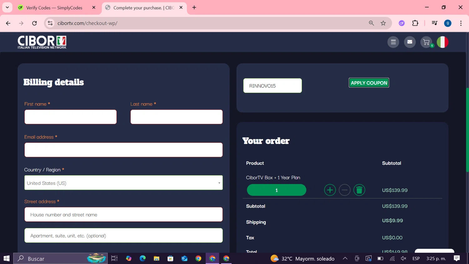 CIBORTV coupon code screenshot showing code RINNOVO15 applied at CIBORTV checkout page. Uploaded by SimplyCodes community member MoneyTiger7289 on Jun 1, 2025