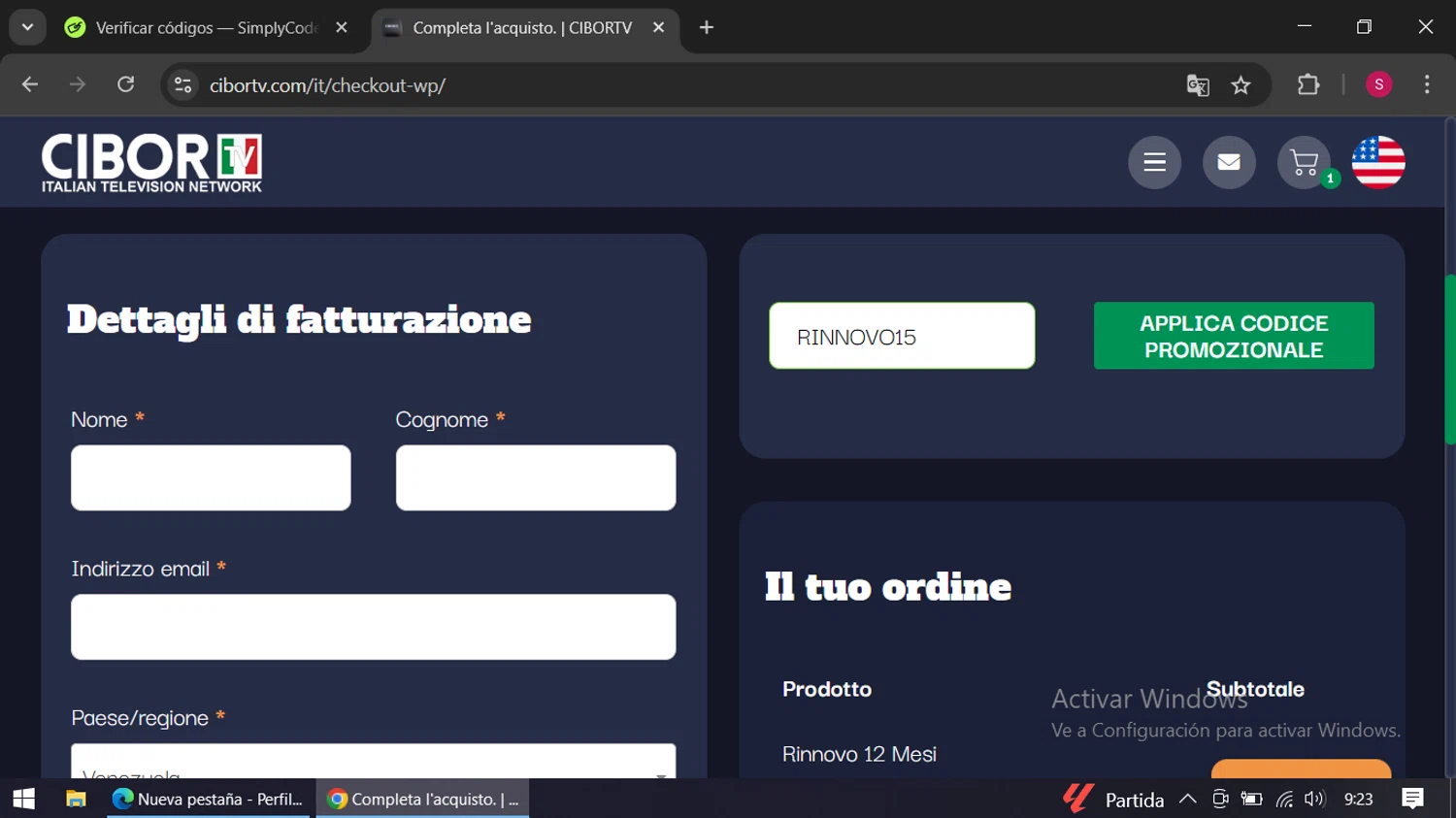 CIBORTV coupon code screenshot showing code RINNOVO15 applied at CIBORTV checkout page. Uploaded by SimplyCodes community member swiftie on May 9, 2025