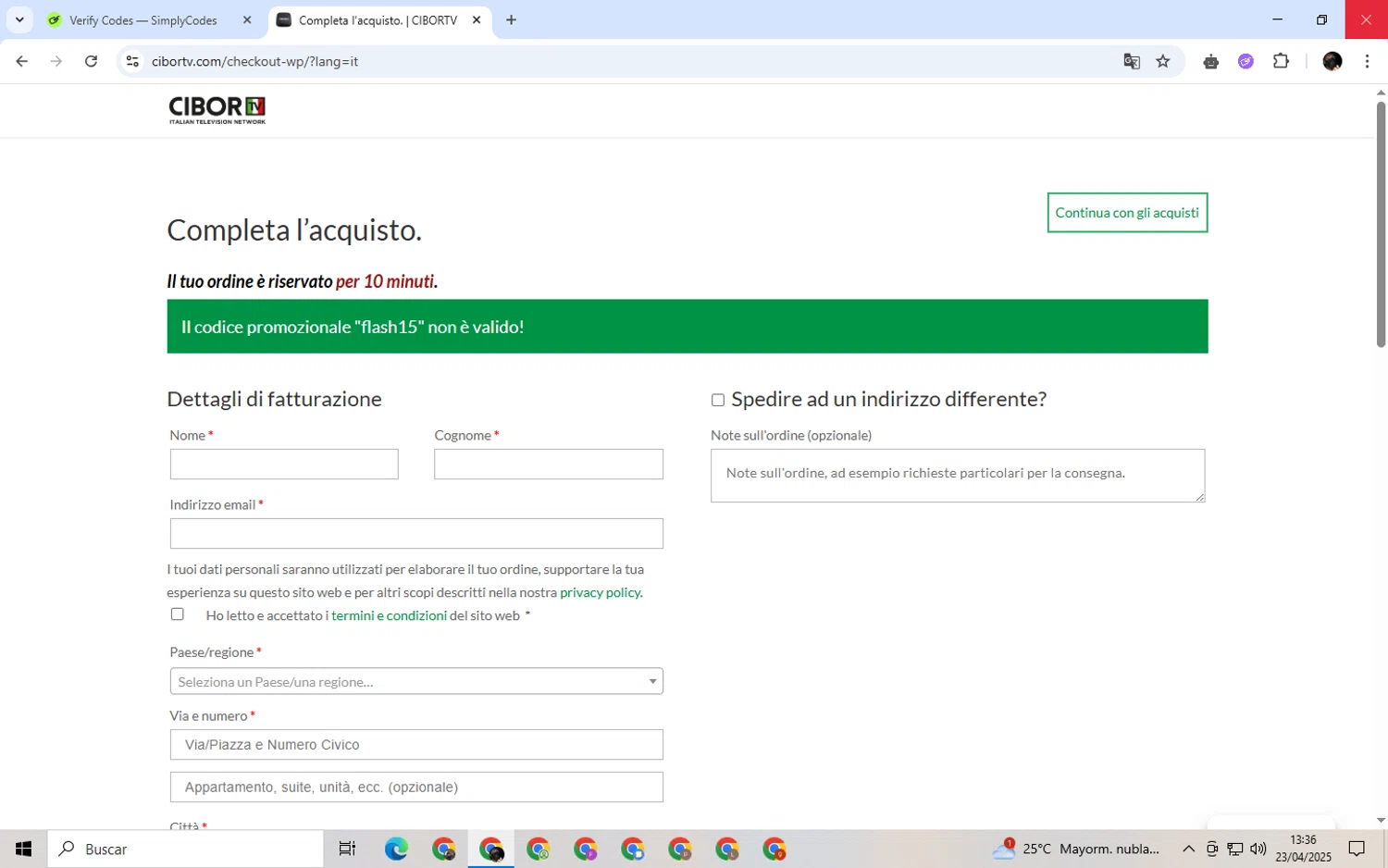CIBORTV coupon code screenshot showing code FLASH15 applied at CIBORTV checkout page. Uploaded by SimplyCodes community member alexdaal on Apr 23, 2025