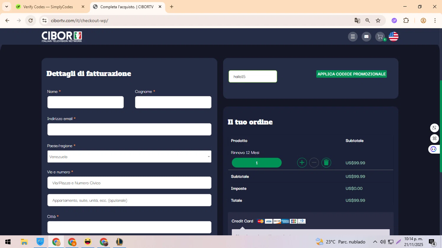 CIBORTV coupon code screenshot showing code hallo15 applied at CIBORTV checkout page. Uploaded by SimplyCodes community member ylleneromero on Nov 22, 2025