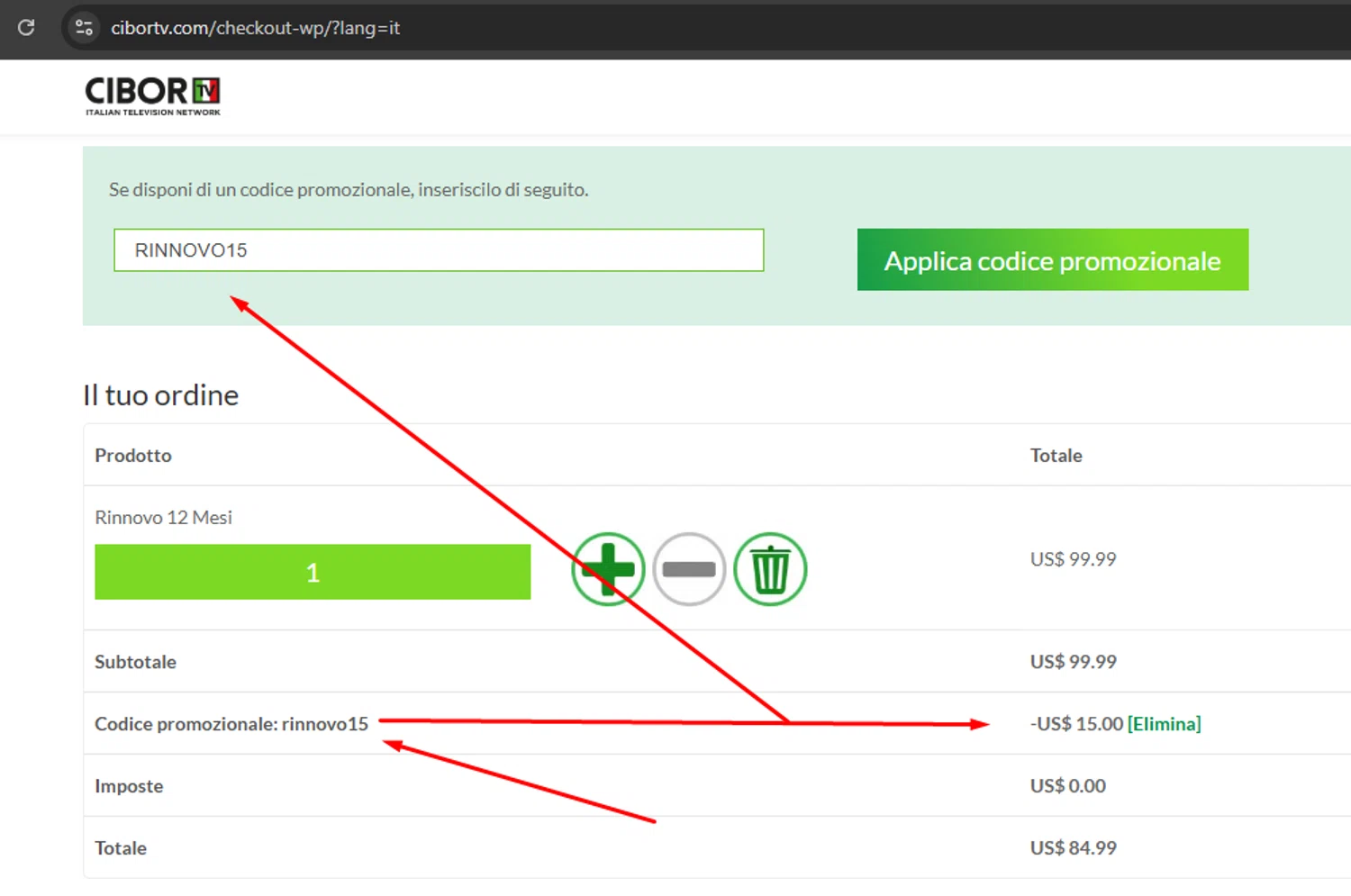 CIBORTV coupon code screenshot showing code RINNOVO15 applied at CIBORTV checkout page. Uploaded by SimplyCodes community member argenygalvez on Apr 14, 2025