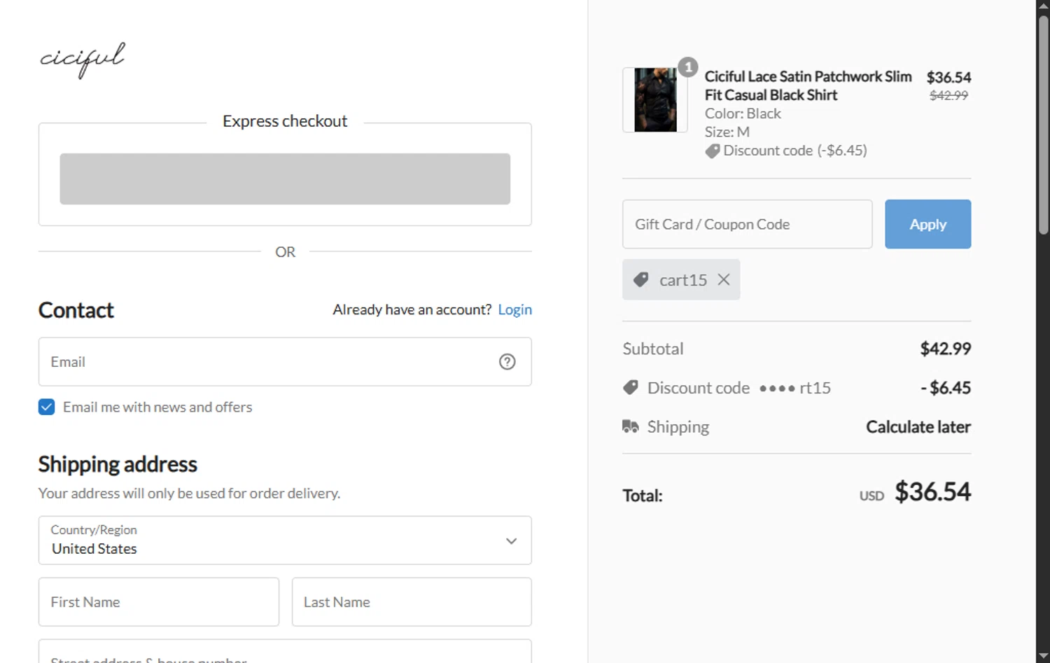 Ciciful coupon code screenshot showing code cart15 applied at Ciciful checkout page. Uploaded by SimplyCodes community member GoldPhoenix3793 on May 23, 2025