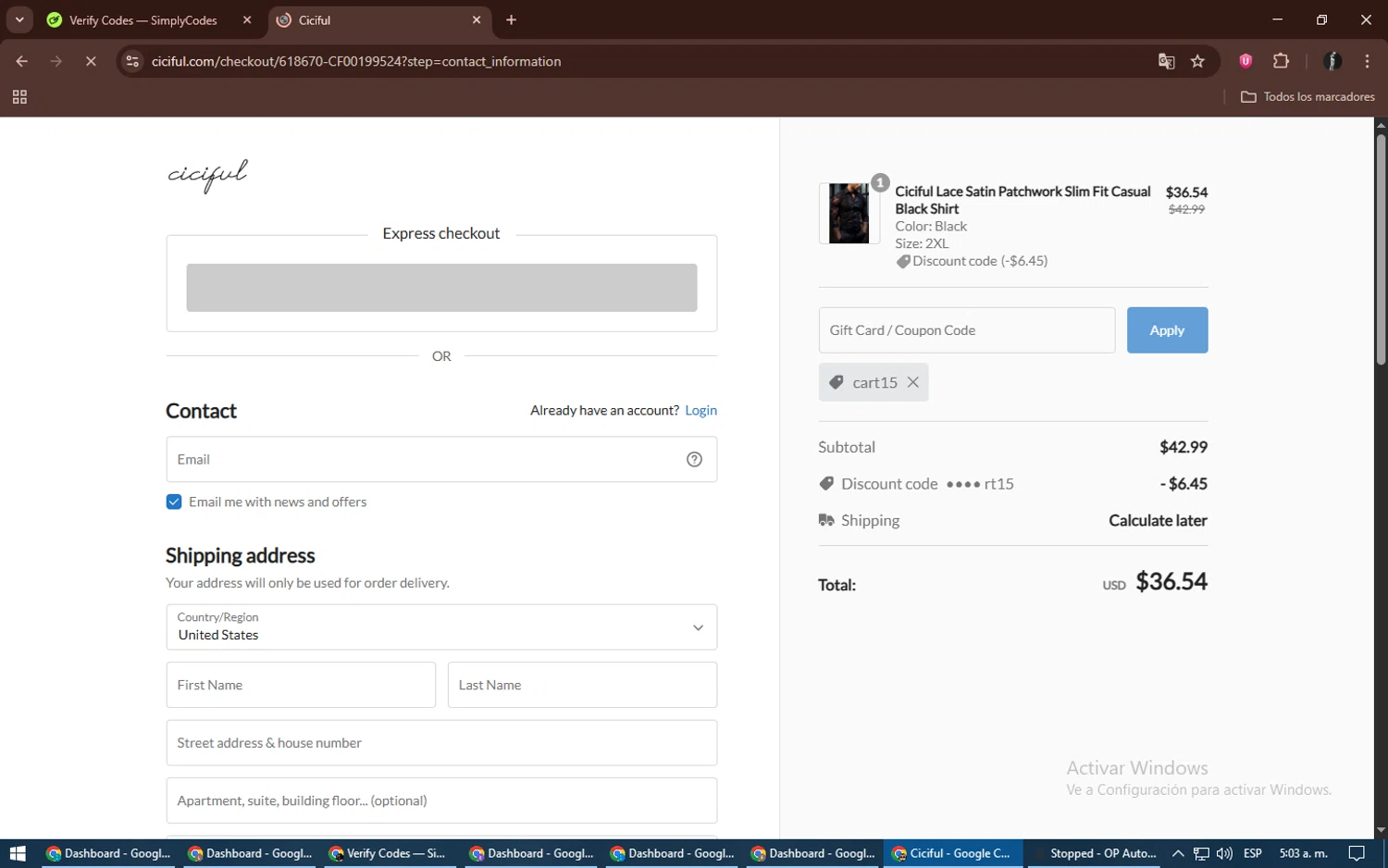 Ciciful coupon code screenshot showing code cart15 applied at Ciciful checkout page. Uploaded by SimplyCodes community member alexdaal on Jun 13, 2025