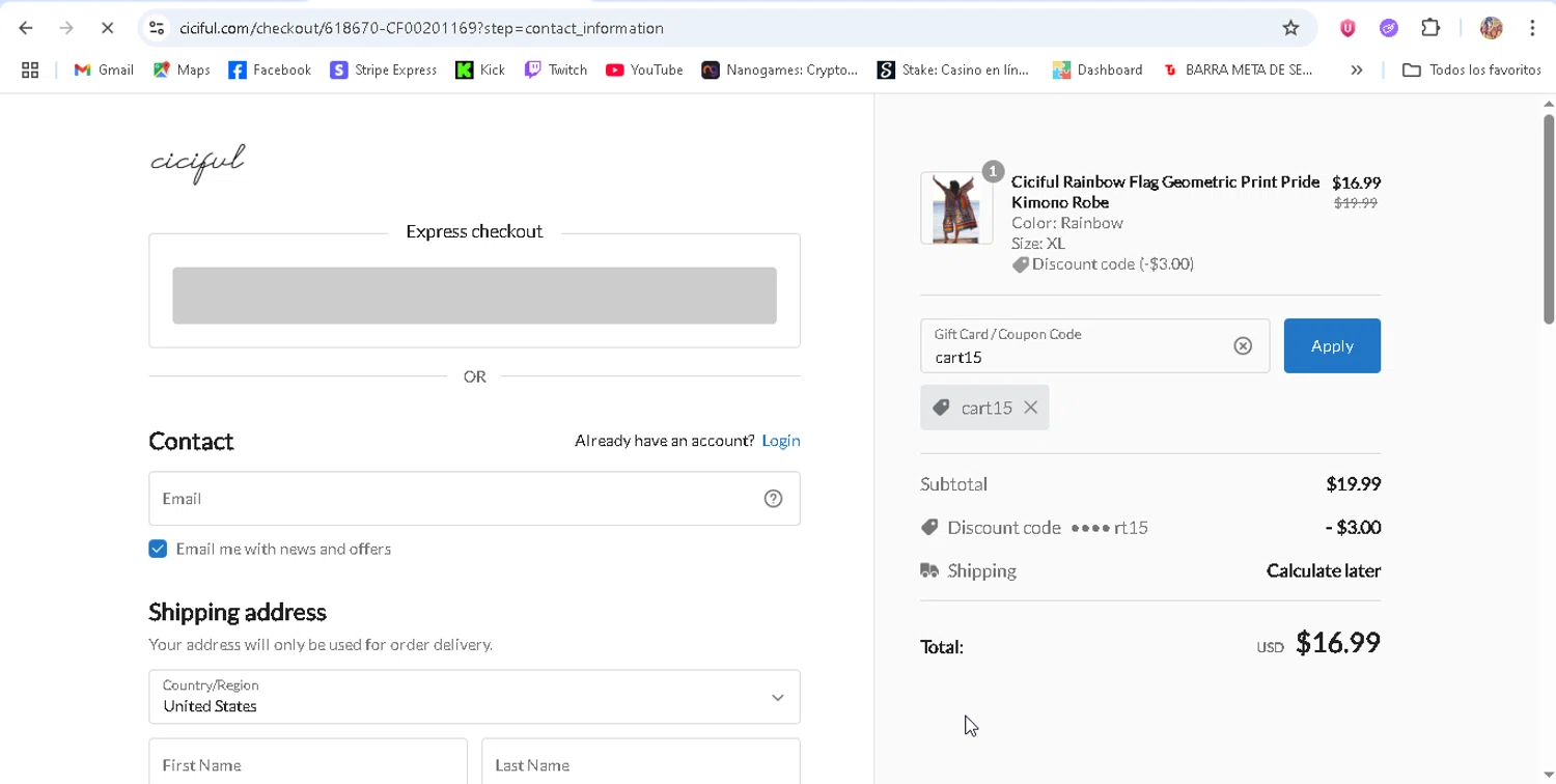 Ciciful coupon code screenshot showing code cart15 applied at Ciciful checkout page. Uploaded by SimplyCodes community member ronaldhernandez on Jun 20, 2025