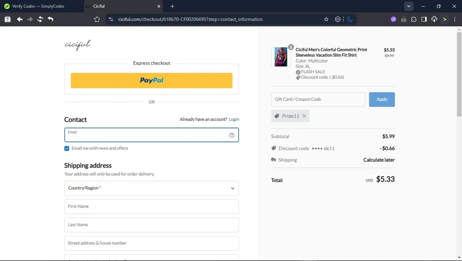 Ciciful coupon code screenshot showing code Pride11 applied at Ciciful checkout page. Uploaded by SimplyCodes community member USERR1 on Jul 23, 2025