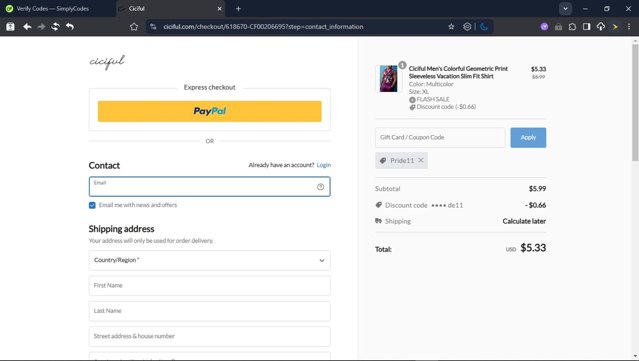 Ciciful checkout page showing Ciciful coupon code box | Screenshot taken by SimplyCodes community member on Jul 23, 2025