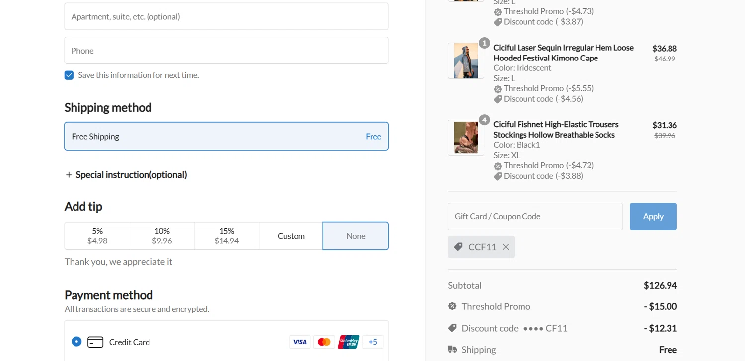 Ciciful coupon code screenshot showing code CCF11 applied at Ciciful checkout page. Uploaded by SimplyCodes community member Lioniel on Apr 25, 2025
