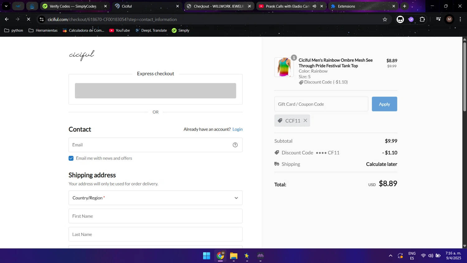 Ciciful coupon code screenshot showing code CCF11 applied at Ciciful checkout page. Uploaded by SimplyCodes community member Maocar on Apr 9, 2025
