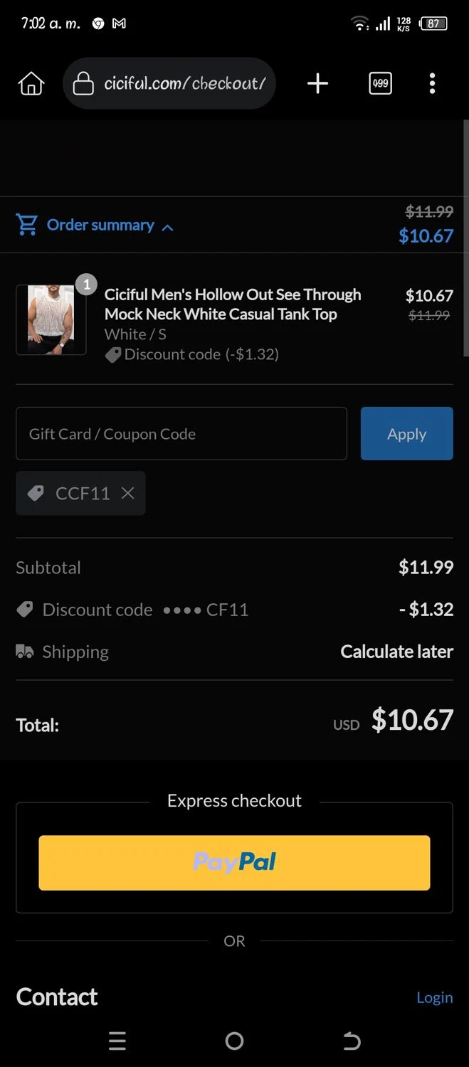 Ciciful coupon code screenshot showing code CCF11 applied at Ciciful checkout page. Uploaded by SimplyCodes community member Pipina11 on May 26, 2025