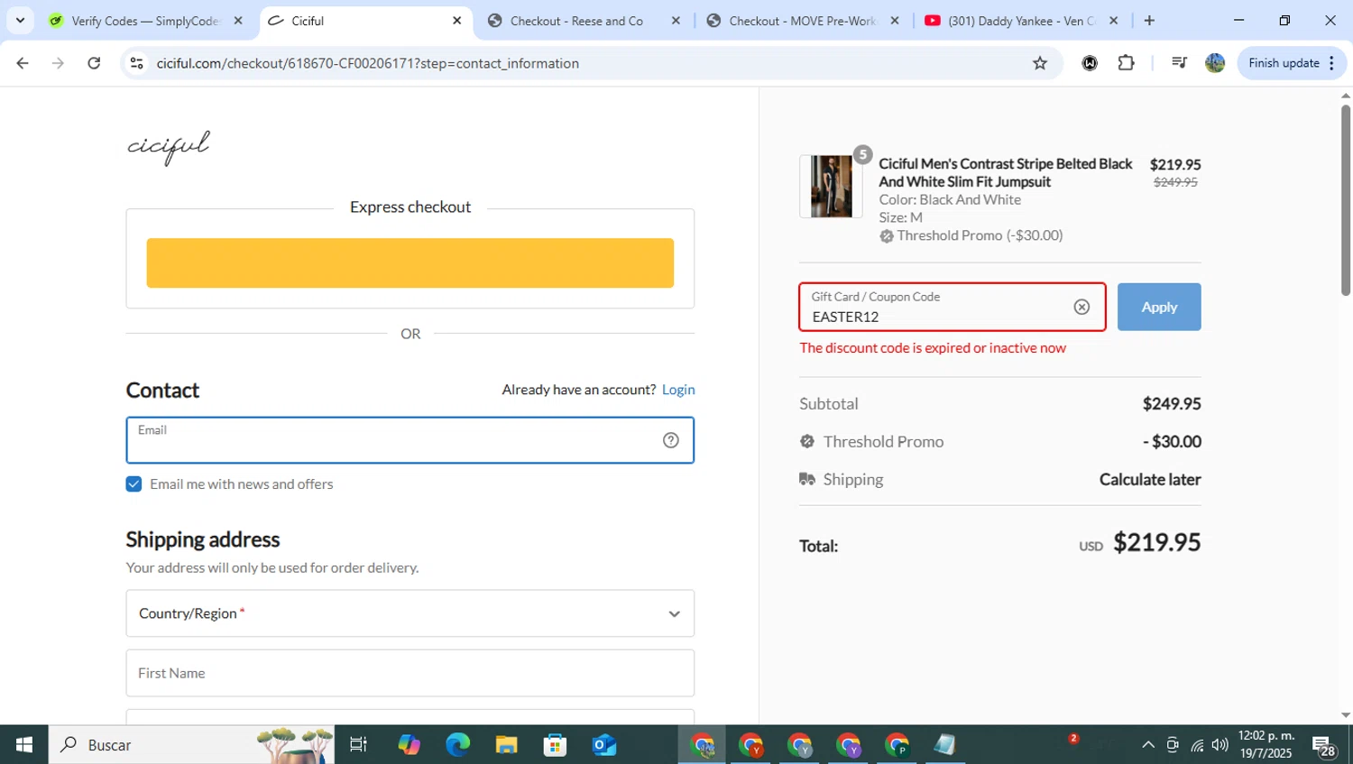 Ciciful coupon code screenshot showing code EASTER12 applied at Ciciful checkout page. Uploaded by SimplyCodes community member RoyalHero6815 on Jul 19, 2025