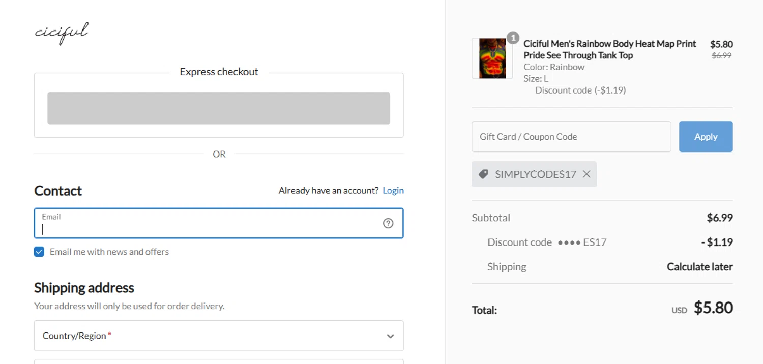Ciciful coupon code screenshot showing code SIMPLYCODES17 applied at Ciciful checkout page. Uploaded by SimplyCodes community member Juanls04 on Aug 30, 2025