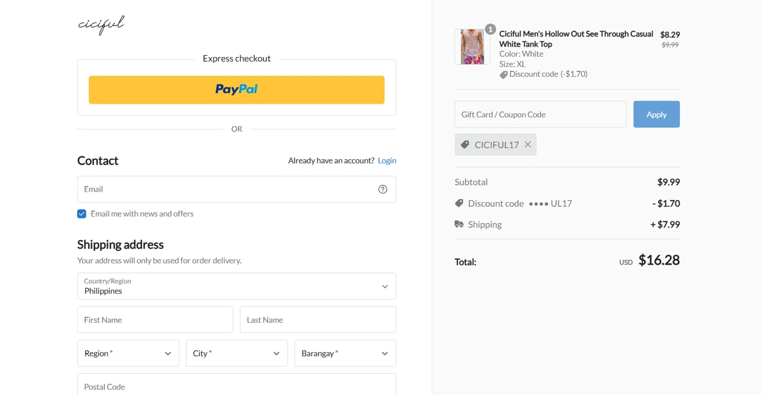 Ciciful coupon code screenshot showing code CICIFUL17 applied at Ciciful checkout page. Uploaded by SimplyCodes community member Lioniel on Jul 25, 2025