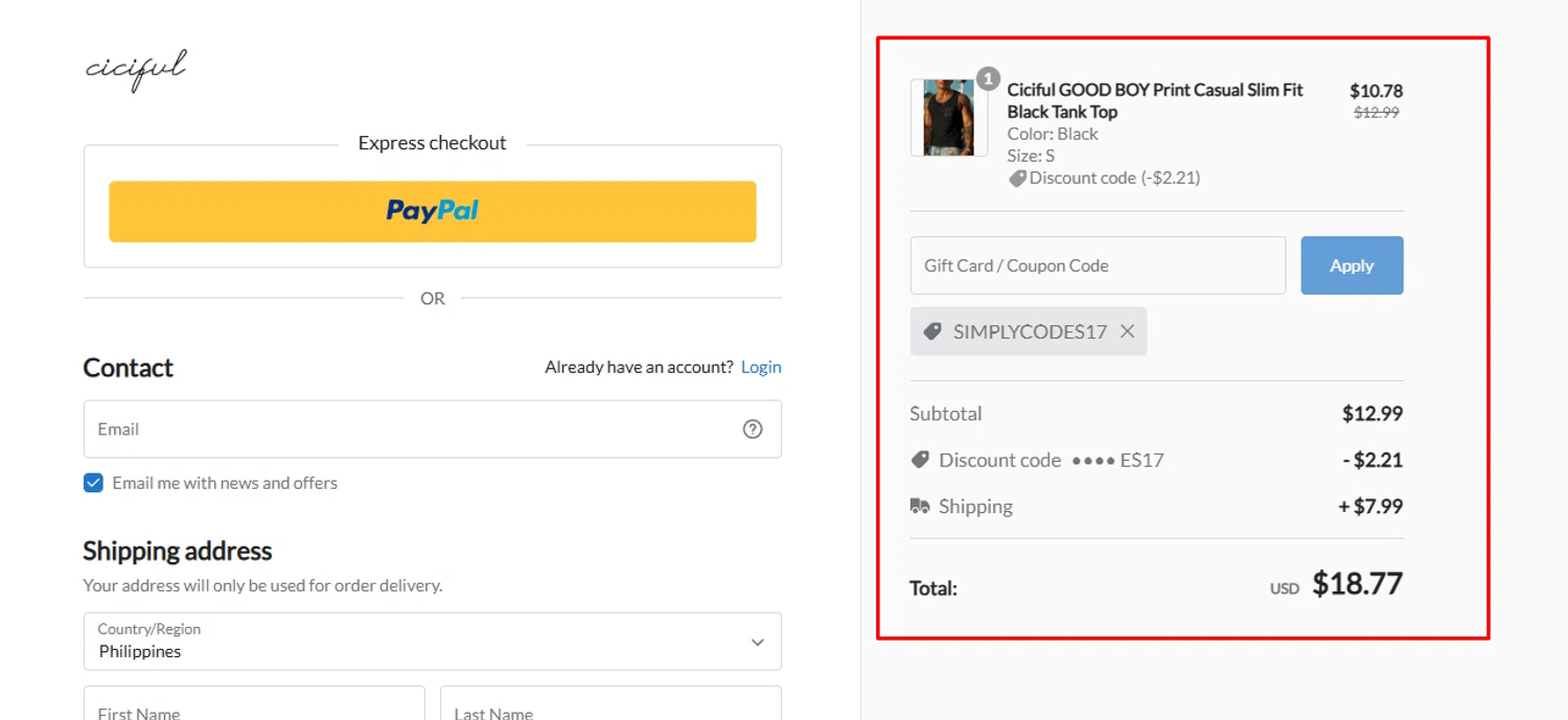 Ciciful coupon code screenshot showing code SIMPLYCODES17 applied at Ciciful checkout page. Uploaded by SimplyCodes community member Swiftdealz on Aug 19, 2025