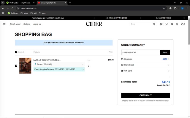 Cider checkout page showing Cider promo code box | Screenshot taken by SimplyCodes community member on Aug 20, 2025