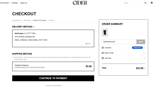 Cider checkout page showing Cider promo code box | Screenshot taken by SimplyCodes community member on Aug 20, 2025
