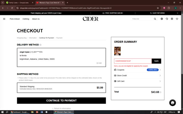 Cider checkout page showing Cider promo code box | Screenshot taken by SimplyCodes community member on Aug 19, 2025