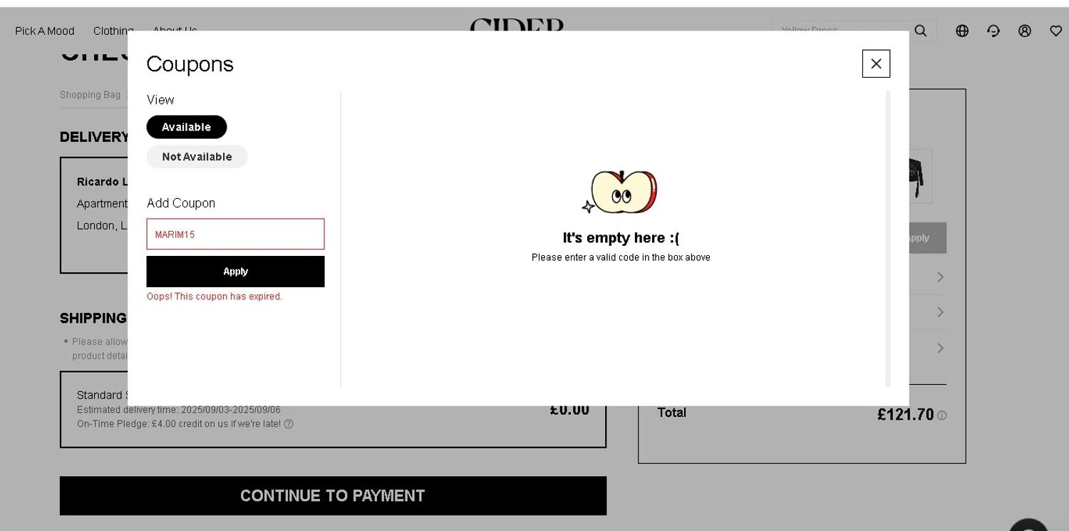 Cider promo code screenshot showing code MARIM15 applied at Cider checkout page. Uploaded by SimplyCodes community member LAMINEJAMAL on Aug 27, 2025