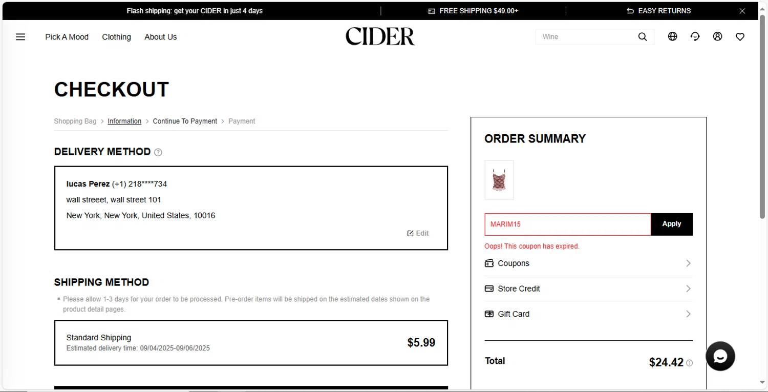 Cider promo code screenshot showing code MARIM15 applied at Cider checkout page. Uploaded by SimplyCodes community member MagnificentVirtuoso8433 on Aug 27, 2025