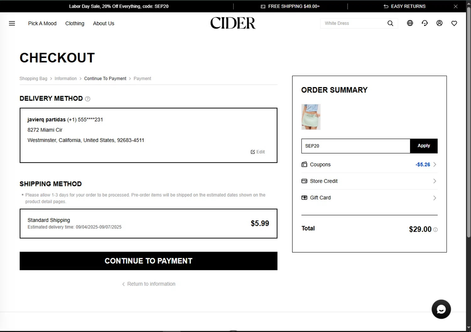 Cider promo code screenshot showing code SEP20 applied at Cider checkout page. Uploaded by SimplyCodes community member MagnificentFalcon188 on Aug 27, 2025