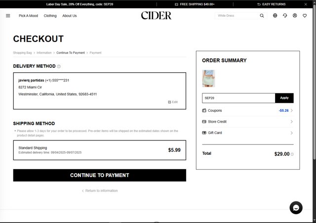 Cider checkout page showing Cider promo code box | Screenshot taken by SimplyCodes community member on Aug 27, 2025