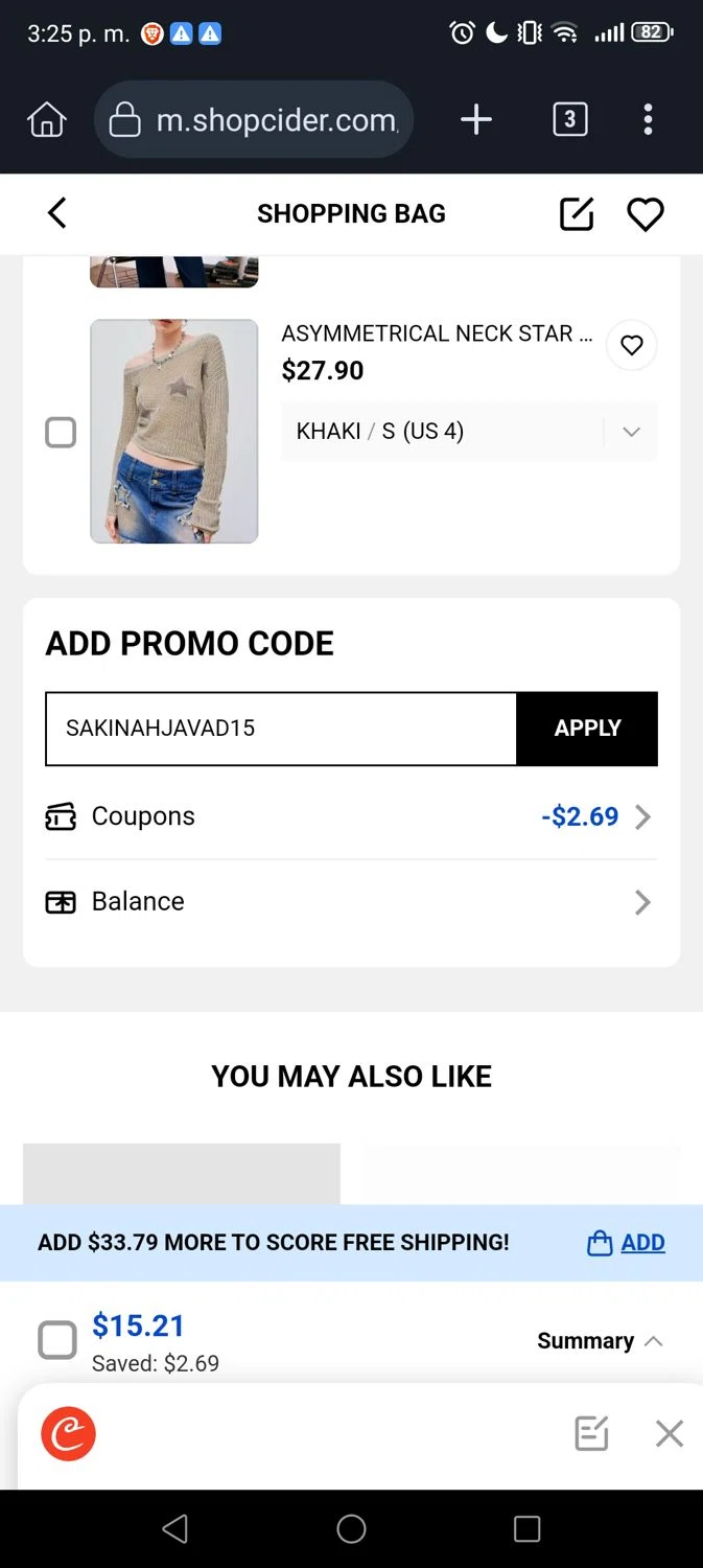 Cider promo code screenshot showing code SAKINAHJAVAD15 applied at Cider checkout page. Uploaded by SimplyCodes community member Divino1 on Aug 19, 2025