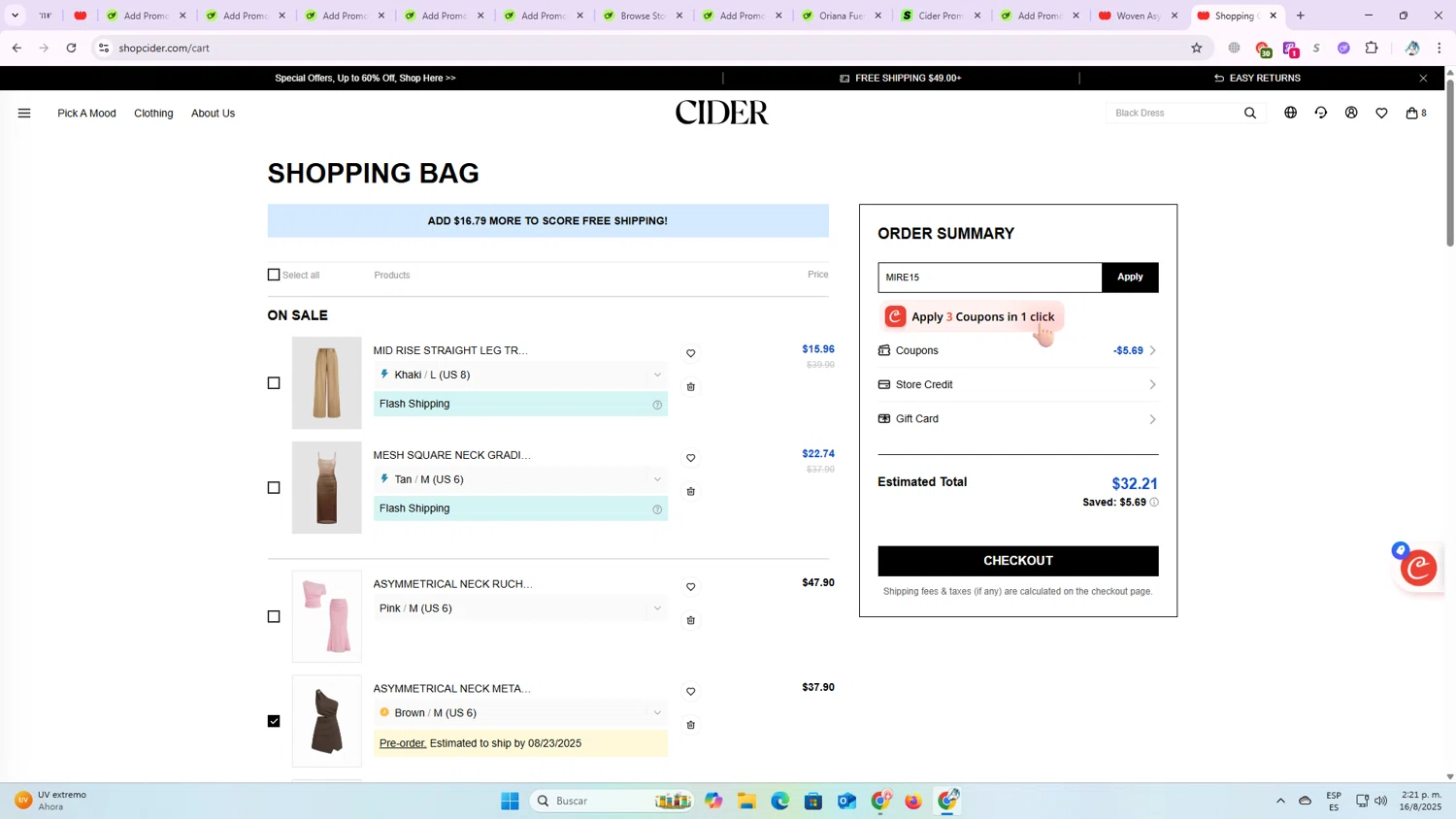 Cider promo code screenshot showing code MIRE15 applied at Cider checkout page. Uploaded by SimplyCodes community member OriCarol on Aug 16, 2025