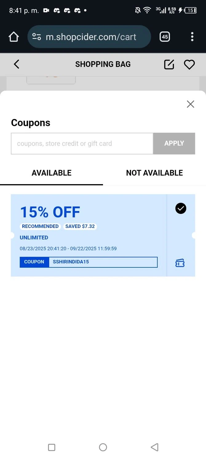 Cider promo code screenshot showing code SSHIRINDIDA15 applied at Cider checkout page. Uploaded by SimplyCodes community member sofihernandezz on Aug 24, 2025