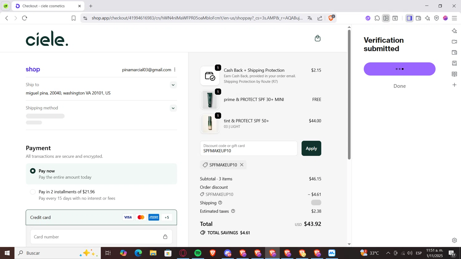 ciele discount code screenshot showing code SPFMAKEUP10 applied at ciele checkout page. Uploaded by SimplyCodes community member Loli_Pop on Nov 1, 2025