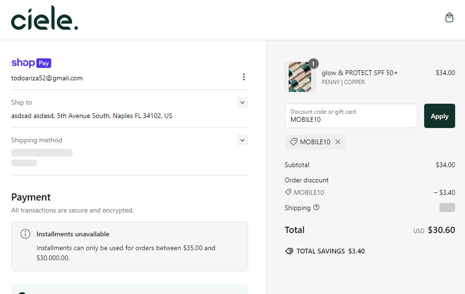 ciele discount code screenshot showing code MOBILE10 applied at ciele checkout page. Uploaded by SimplyCodes community member Rei_Chikita_uwu on Feb 20, 2025