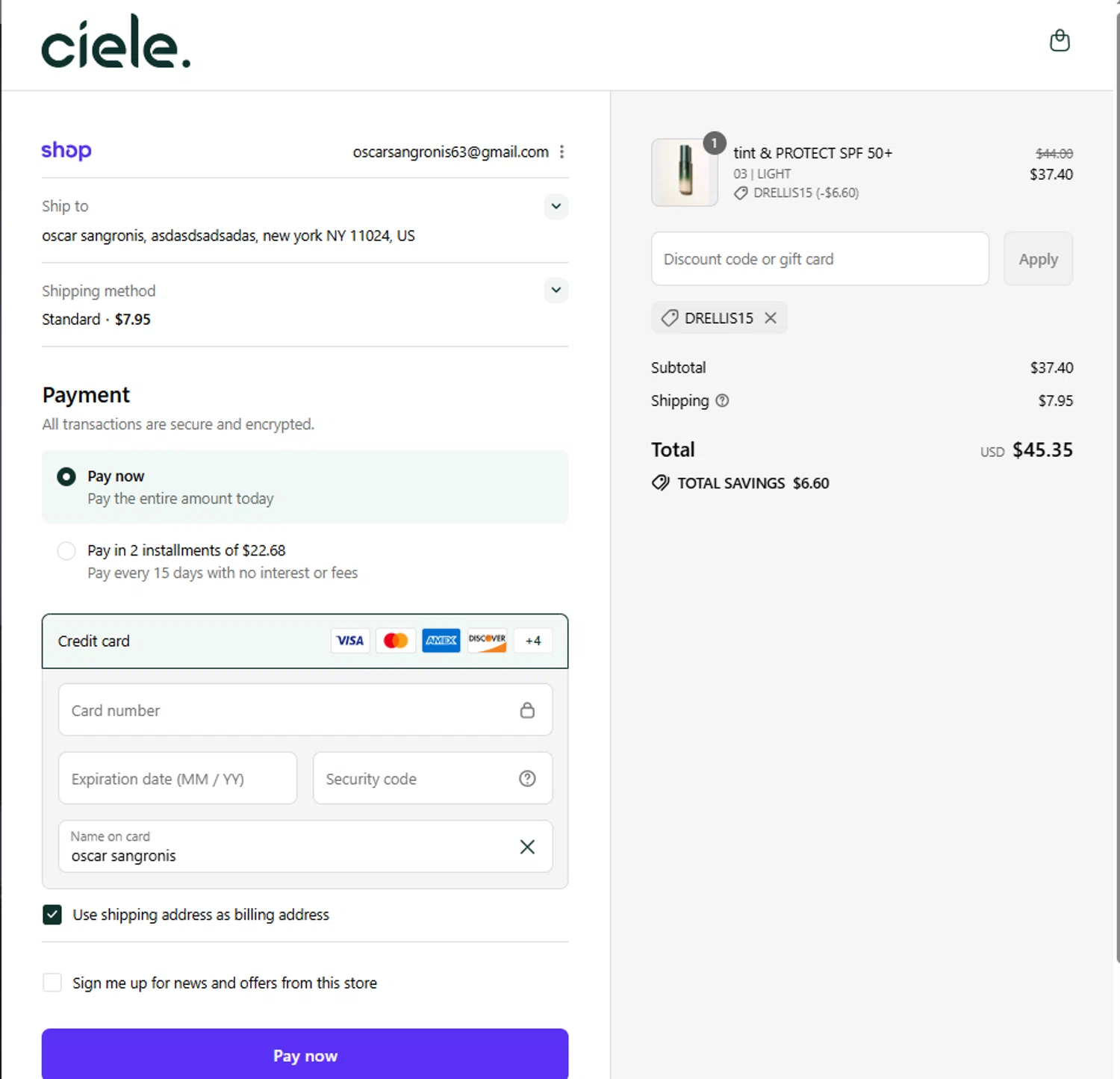 ciele discount code screenshot showing code DRELLIS15 applied at ciele checkout page. Uploaded by SimplyCodes community member Frionel_Pessi on Sep 8, 2025