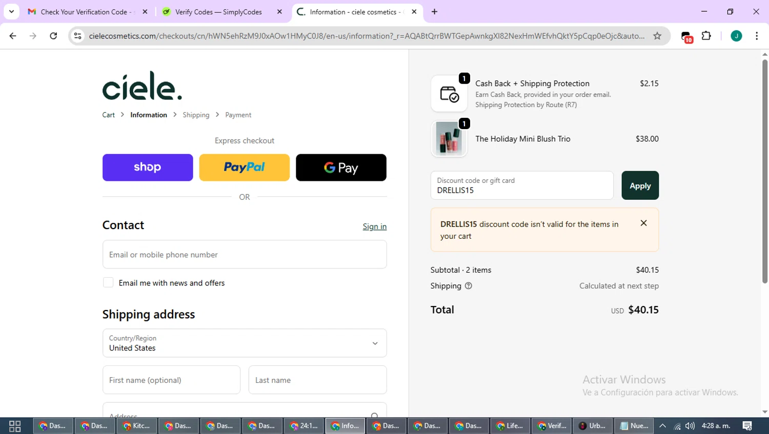 ciele discount code screenshot showing code DRELLIS15 applied at ciele checkout page. Uploaded by SimplyCodes community member SavvyCurator1770 on Nov 24, 2025
