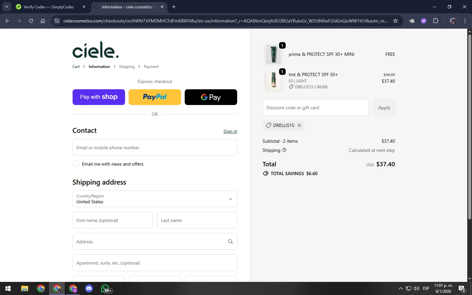 ciele discount code screenshot showing code DRELLIS15 applied at ciele checkout page. Uploaded by SimplyCodes community member akamiguel on Jan 7, 2026