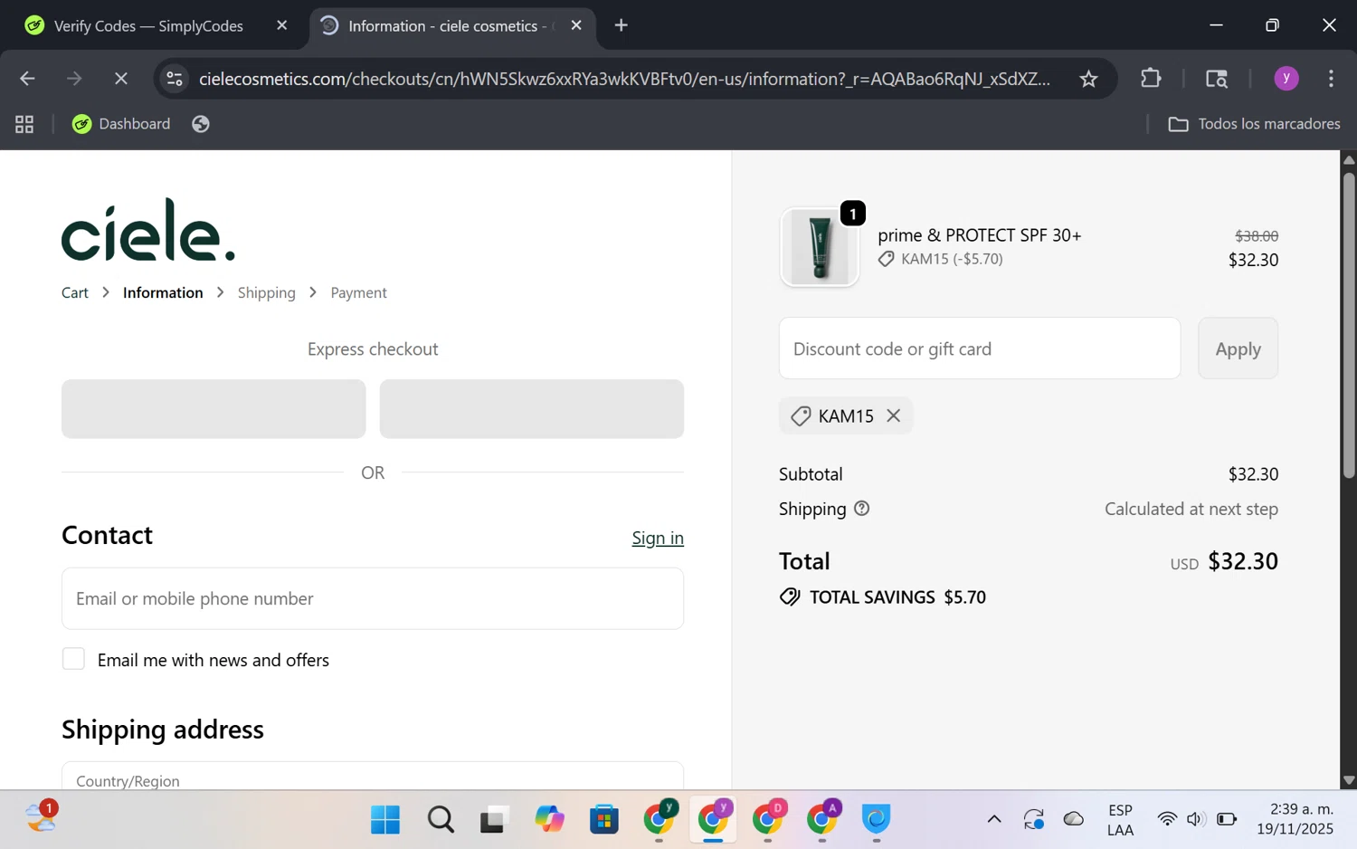 ciele discount code screenshot showing code KAM15 applied at ciele checkout page. Uploaded by SimplyCodes community member FrugalKnight6753 on Nov 19, 2025