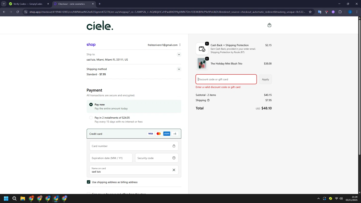 ciele discount code screenshot showing code EVERYTHING applied at ciele checkout page. Uploaded by SimplyCodes community member CashLegend3767 on Nov 4, 2025