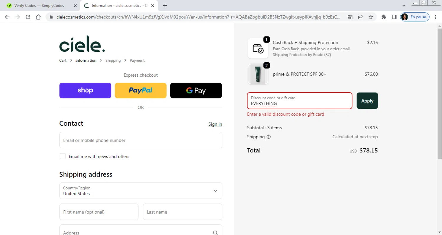 ciele discount code screenshot showing code EVERYTHING applied at ciele checkout page. Uploaded by SimplyCodes community member PrimeAdmiral8733 on Nov 5, 2025