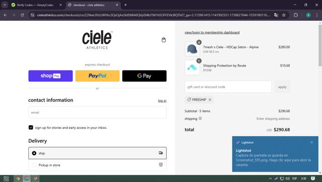 Ciele Athletics checkout page showing Ciele Athletics discount code box | Screenshot taken by SimplyCodes community member on Feb 6, 2025