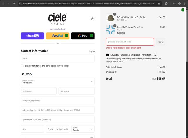 Ciele Athletics checkout page showing Ciele Athletics discount code box | Screenshot taken by SimplyCodes community member on Jul 1, 2025