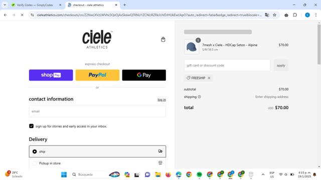 Ciele Athletics checkout page showing Ciele Athletics discount code box | Screenshot taken by SimplyCodes community member on Jan 19, 2025