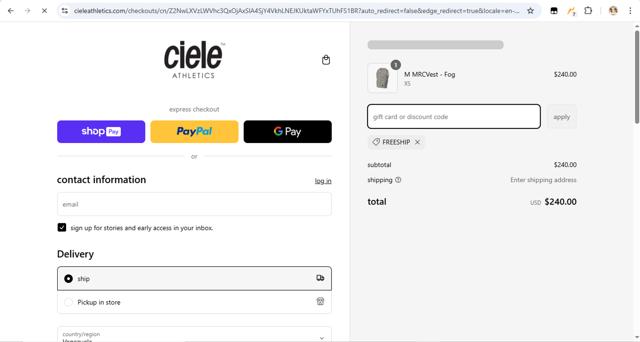 Ciele Athletics checkout page showing Ciele Athletics discount code box | Screenshot taken by SimplyCodes community member on Mar 13, 2025