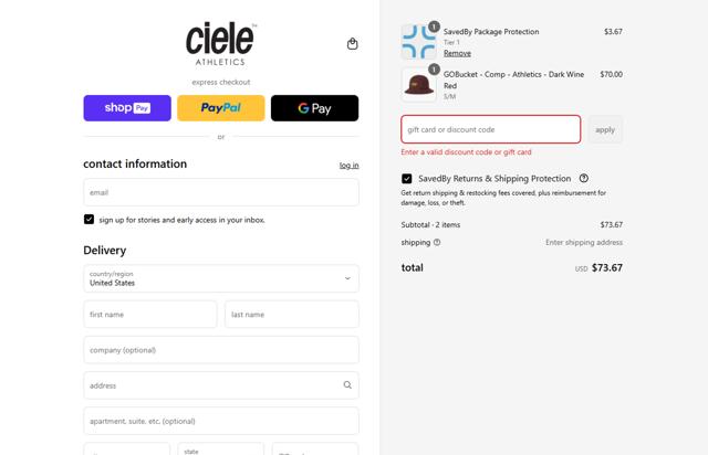 Ciele Athletics checkout page showing Ciele Athletics discount code box | Screenshot taken by SimplyCodes community member on Aug 6, 2025