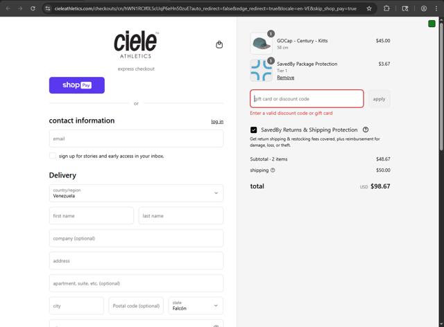 Ciele Athletics checkout page showing Ciele Athletics discount code box | Screenshot taken by SimplyCodes community member on Aug 5, 2025