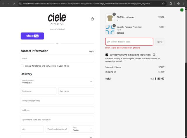 Ciele Athletics checkout page showing Ciele Athletics discount code box | Screenshot taken by SimplyCodes community member on Jul 25, 2025