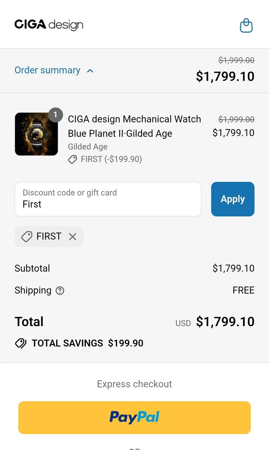 CIGADesign promo code screenshot showing code First applied at CIGADesign checkout page. Uploaded by SimplyCodes community member JuanMonge on Aug 9, 2025