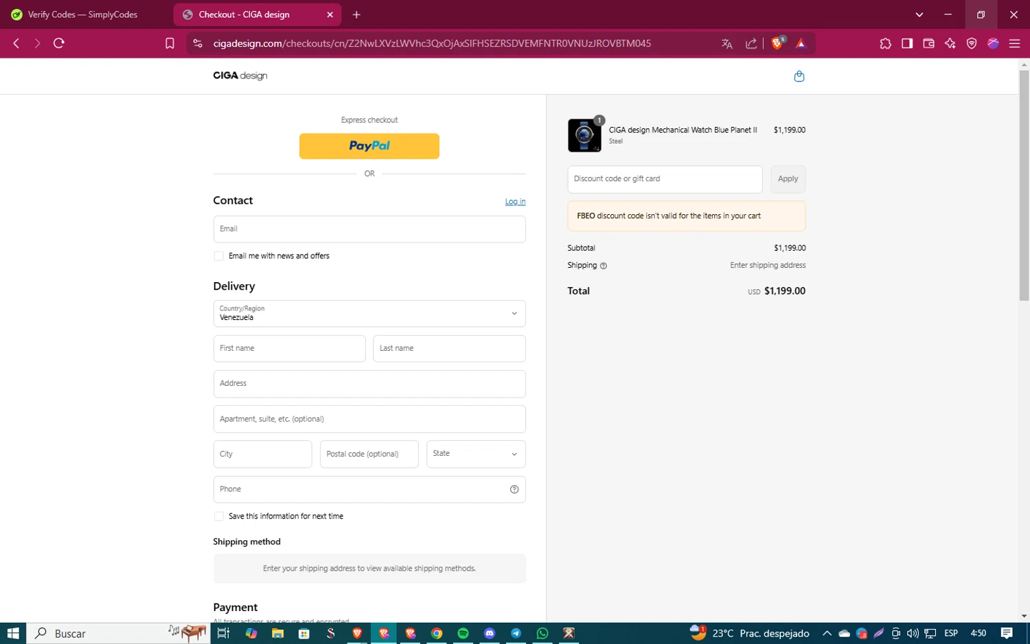 CIGADesign promo code screenshot showing code FBEO applied at CIGADesign checkout page. Uploaded by SimplyCodes community member ShinazugawaSanemi on Mar 29, 2025