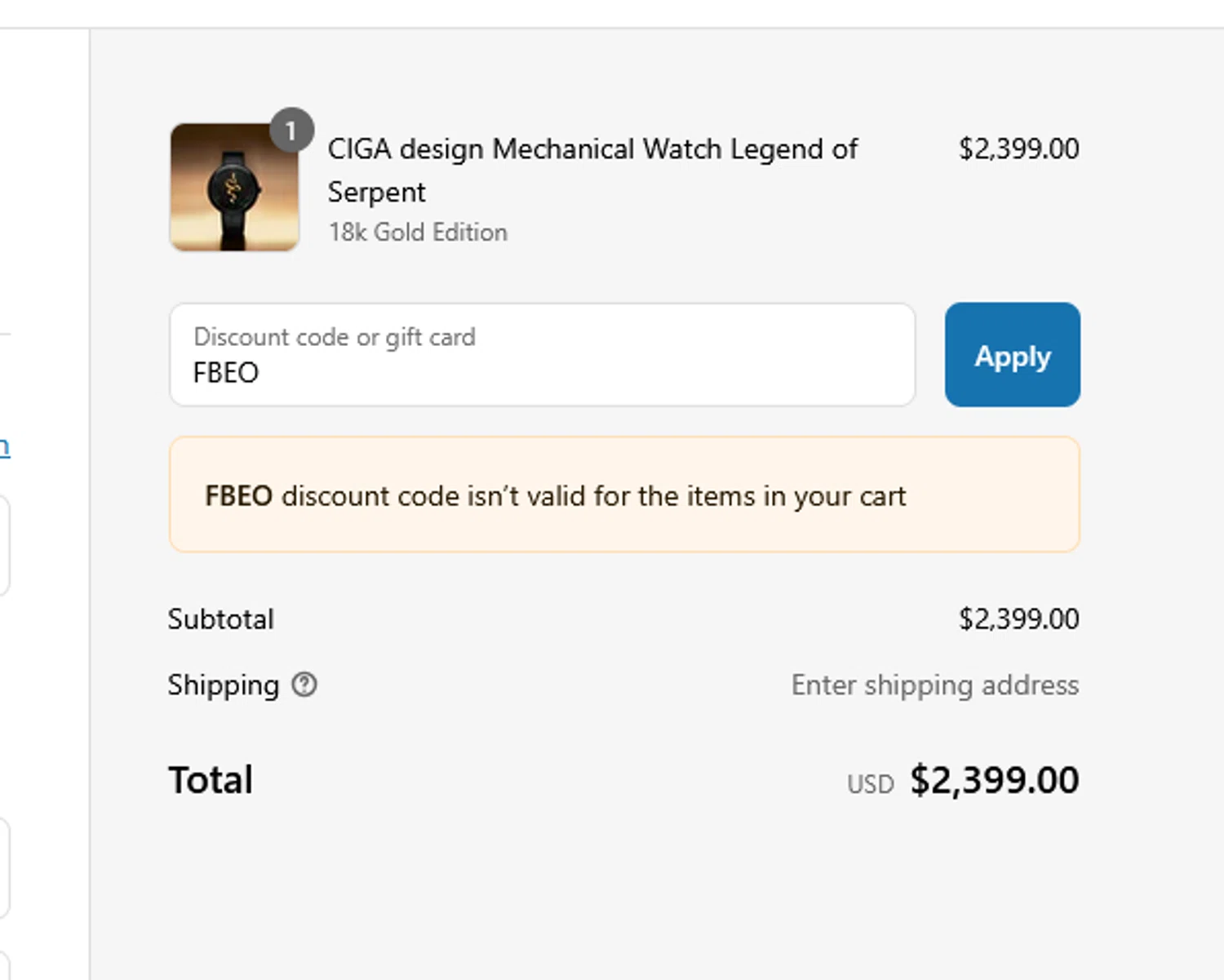 CIGADesign promo code screenshot showing code FBEO applied at CIGADesign checkout page. Uploaded by SimplyCodes community member CRYSTALSUICINE on May 27, 2025