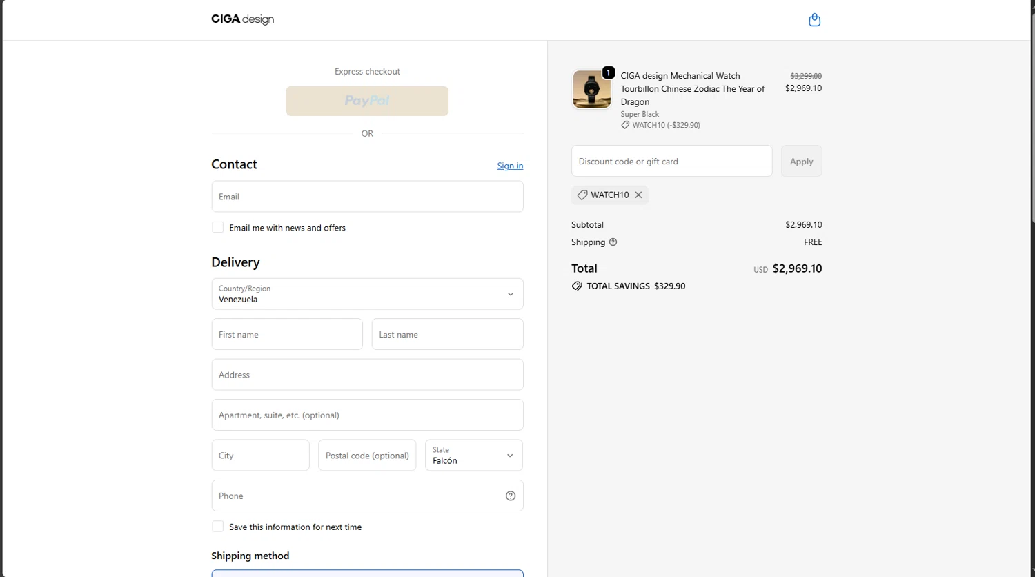 CIGADesign promo code screenshot showing code WATCH10 applied at CIGADesign checkout page. Uploaded by SimplyCodes community member PANDITA on Oct 3, 2025