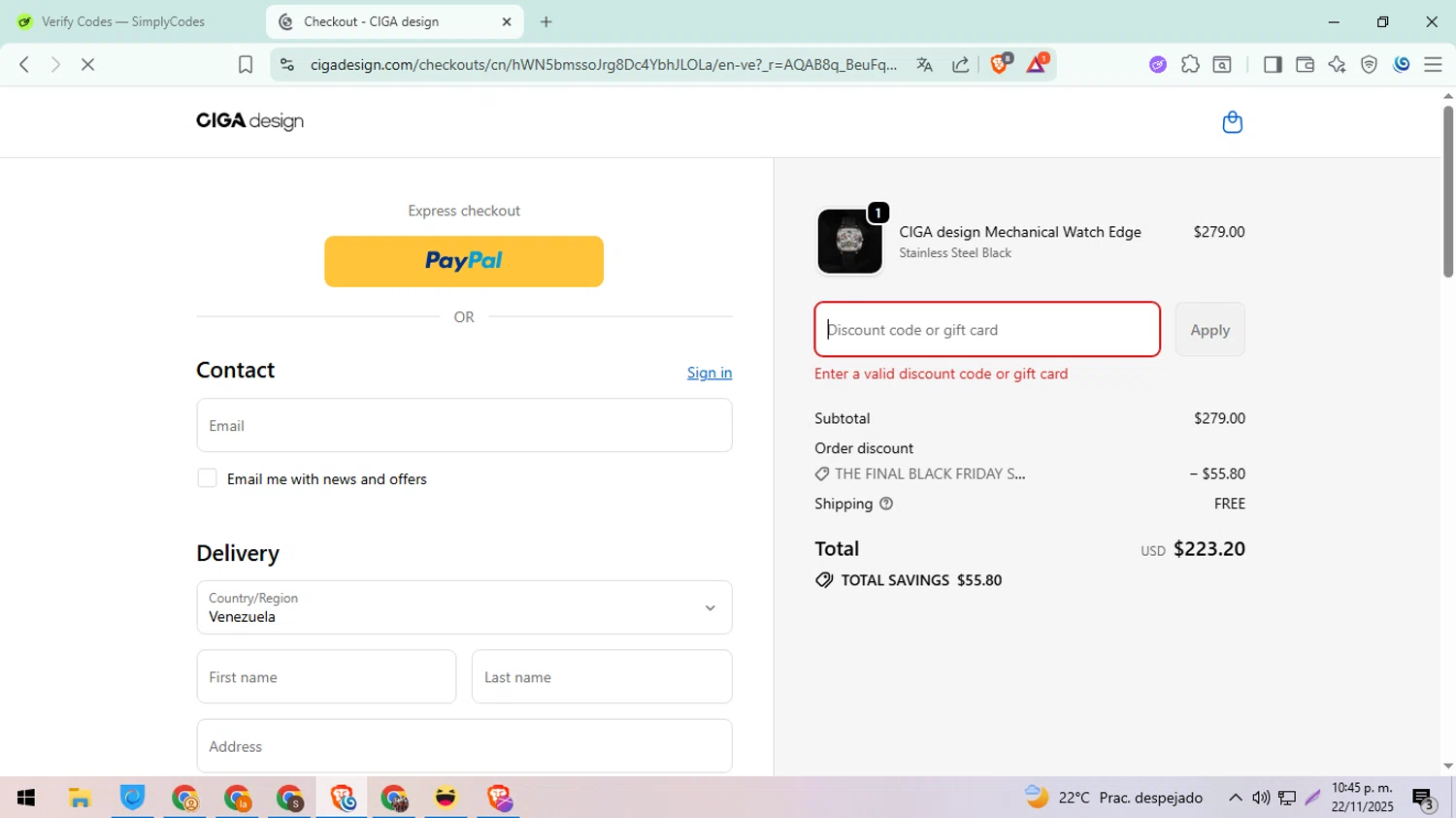 CIGADesign promo code screenshot showing code AUT15 applied at CIGADesign checkout page. Uploaded by SimplyCodes community member ExtraordinarySeeker8039 on Nov 23, 2025